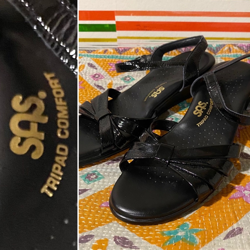 SAS Comfort Black Patent open toe wedge Sandal